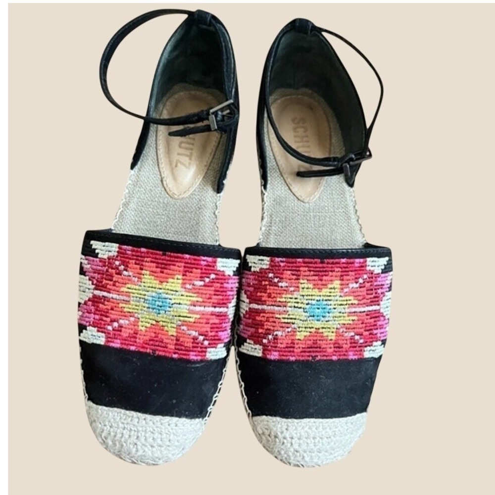 Schutz Espadrille Flats 6B Black Pink Embroidered Sunburst Ankle Strap Good